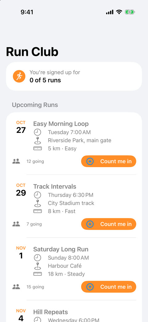 Run Club app on an iPhone screen listing upcoming runs with dates, meeting places, distances and a Count me in button on each