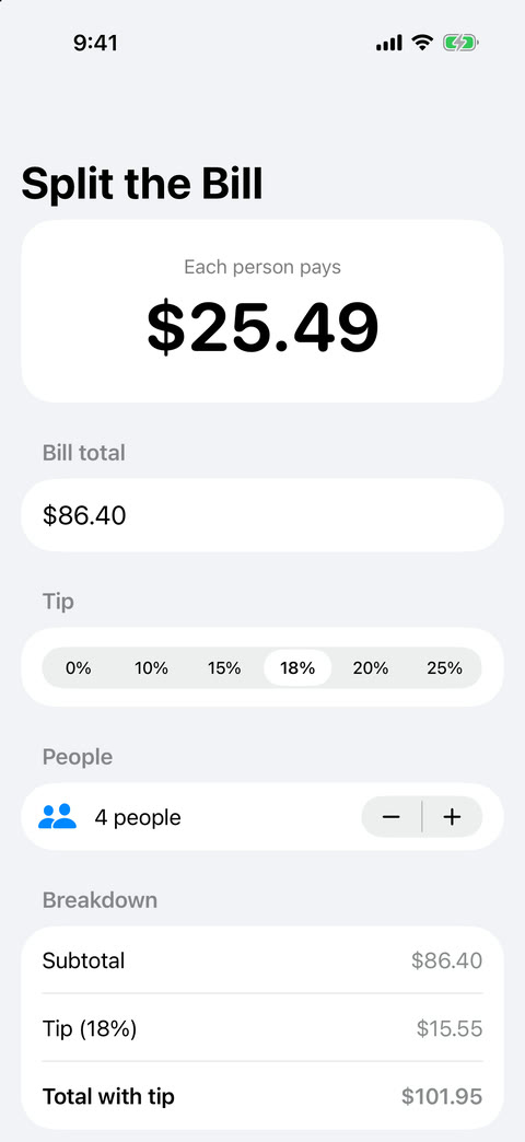 Split the Bill app on an iPhone screen showing each person pays $25.49 for an $86.40 bill with an 18% tip split four ways
